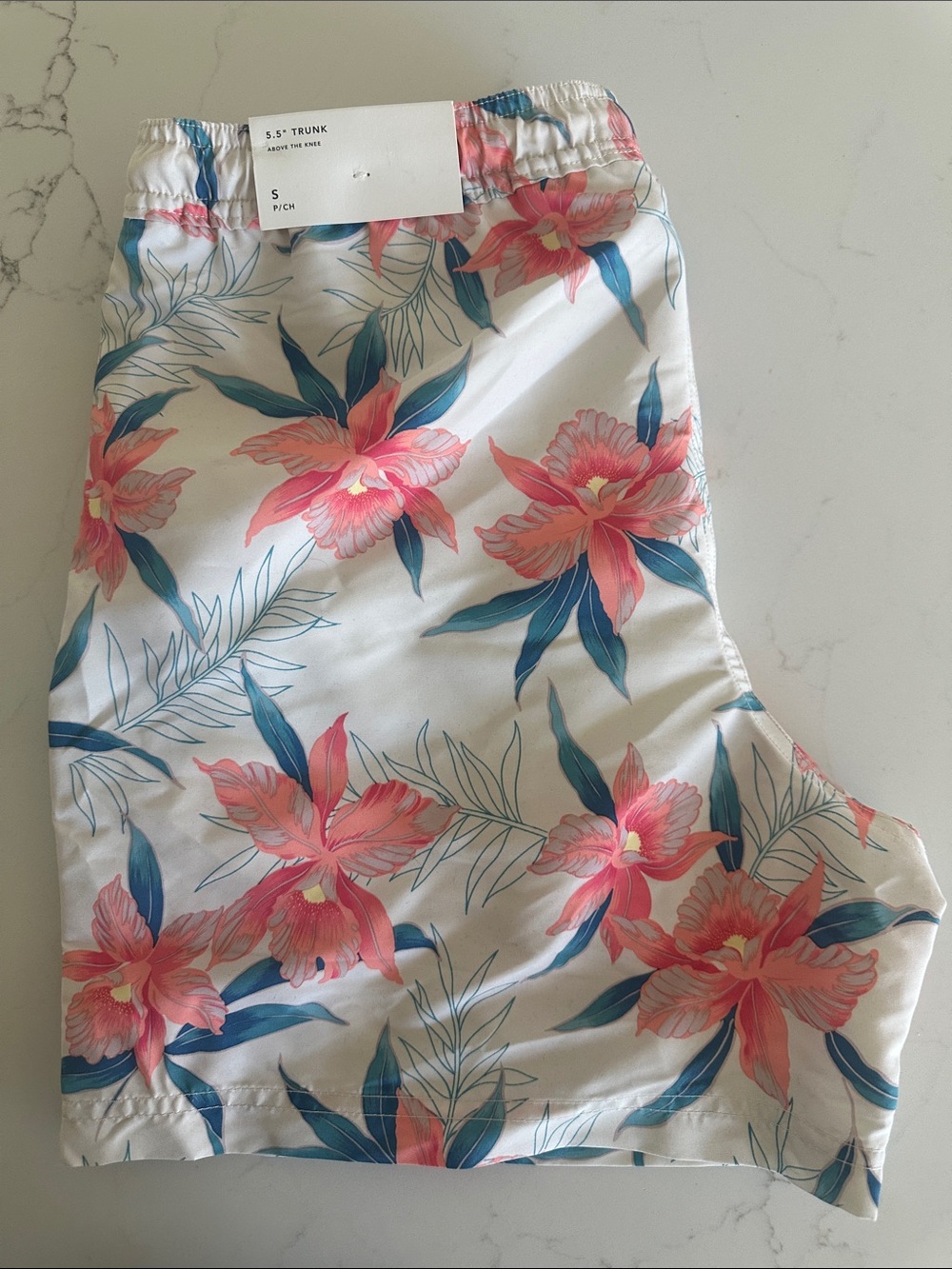 American Eagle Floral Swim Trunks in White with Pink & Teal Flowers